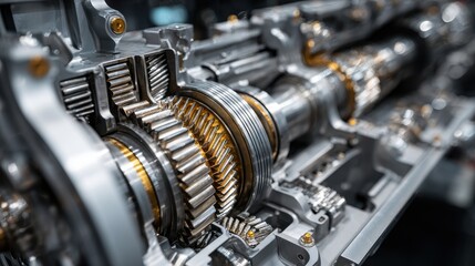 Naklejka premium High quality photo of closeup view of a complex automatic transmission gearbox mechanism.