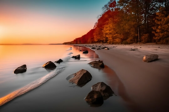 Scenic Golden Sunset Over a Tranquil Sandy Beach and Calm Ocean with Vibrant Evening Sky