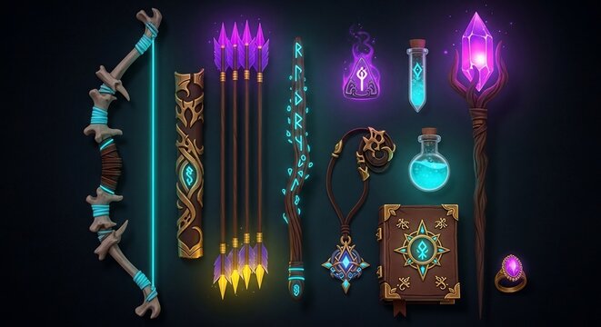 Fantasy magic items and weapons collection.