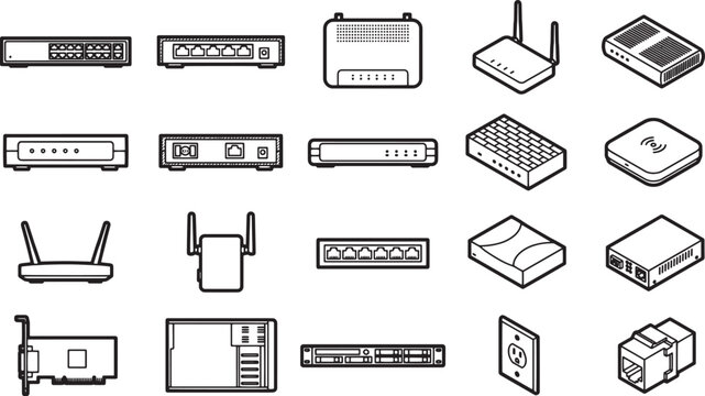 A collection of diverse networking devices rendered in a modern, illustrative style, creating a visually informative resource.