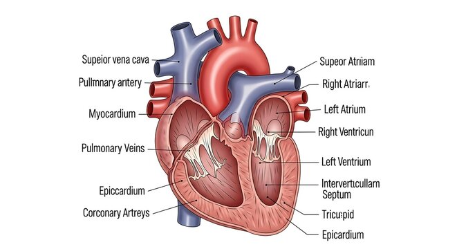 Human Heart Anatomy Diagram with Labeled Internal Structures