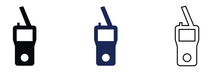 Walkie Talkie Radio Icons Communication Device Set. Set of walkie talkie icons in outline, solid, and colored styles with signal waves, representing wireless communication and radio devices. © KD Vector Studio