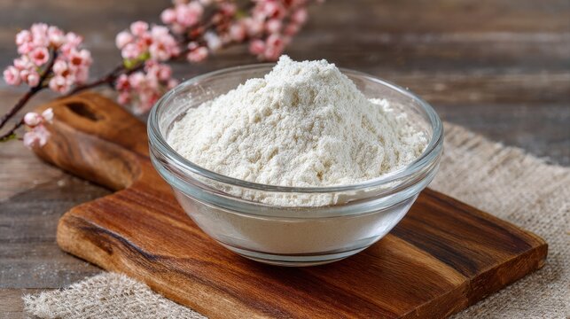 High quality photo of guar gum powder in glass bowl on wooden board. White powder additive derived from guar beans, used as a food additive E412, binder and excessive water.