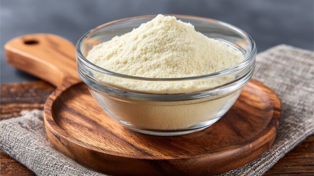 High quality photo of guar gum powder in glass bowl on wooden board. White powder additive derived from guar beans, used as a food additive E412, binder and excessive water.