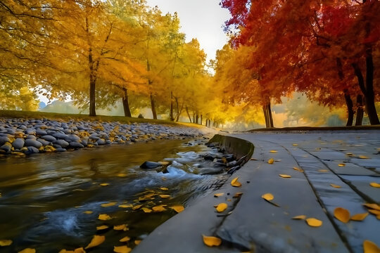 Scenic Autumn City Park Landscape with Colorful Fall Foliage, Tree-Lined Pathways, and Urban Skyline Background
