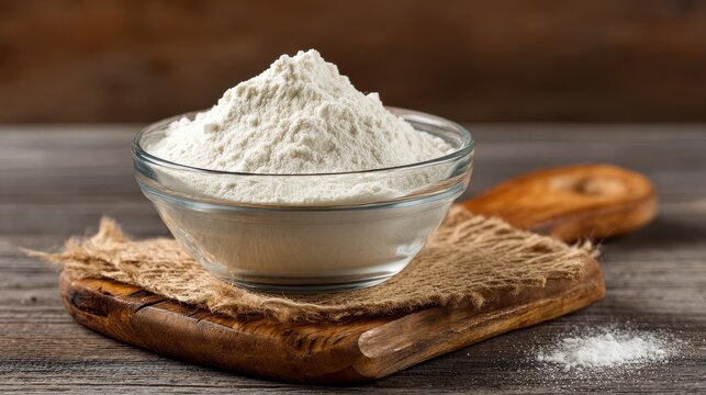 High quality photo of guar gum powder in glass bowl on wooden board. White powder additive derived from guar beans, used as a food additive E412, binder and excessive water.