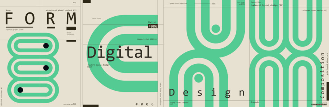 Modern abstract design featuring bold typography and geometric shapes in a structured layout. The composition uses a vibrant color palette to create a dynamic visual impact.