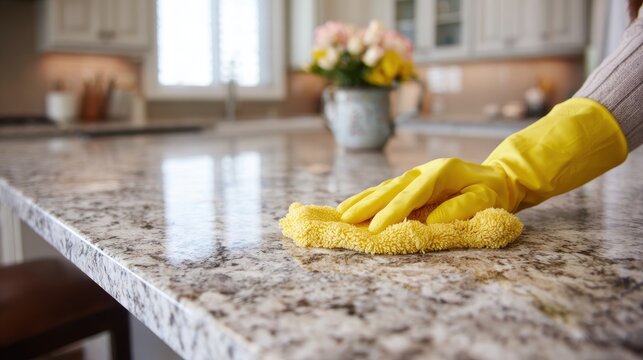 High quality photo of housekeeper wearing yellow gloves cleaning granite countertop in the kitchen.