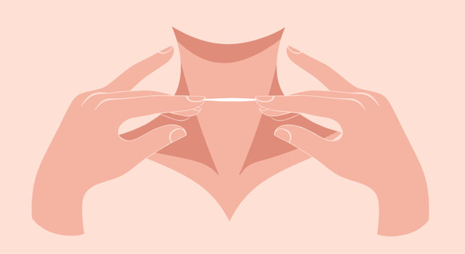 Hands gently applying a thin strip to the neck area, suggesting hair removal, skin firming, or a specialized beauty treatment for smooth skin.