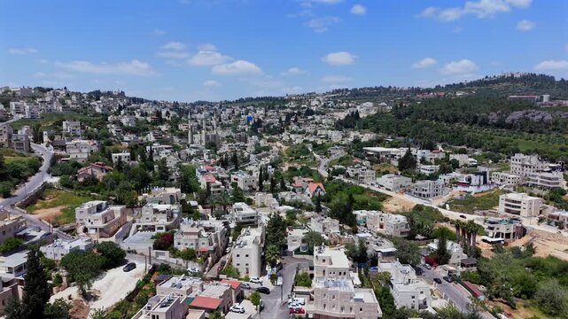 Aerial View of Abu Ghosh Village, Israeli Judean Hills on a beautiful day
