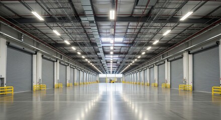 Obraz premium Expansive Modern Warehouse Interior with Rows of Loading Bay Doors and Overhead Lighting