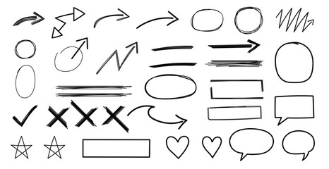 Naklejka premium Hand drawn doodle style arrow, speech bubble, heart, check mark, underline. Vector illustration.