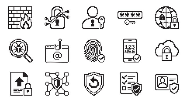 Cybersecurity pixel art icons for data protection and privacy
