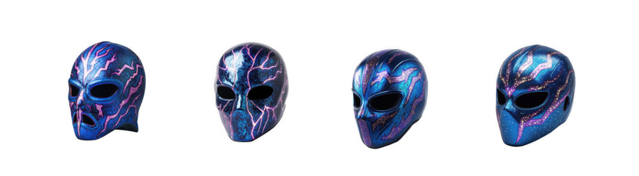 Four dark blue and purple alien skulls as PNG element isolated on transparent background