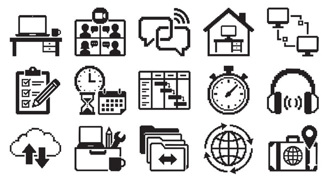 Remote work pixel icons vector set for telecommuting and business