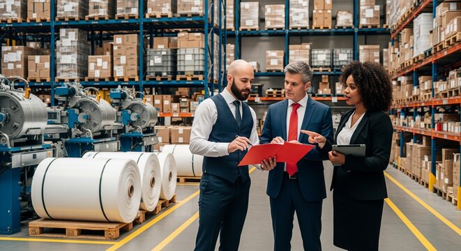 Diverse business professionals in warehouse reviewing documents and tablet, discussing logistics