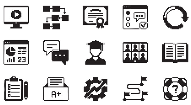 Online education pixel art icon set for e-learning platforms and web design