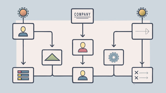 Flat vector illustration of a company hierarchy chart with avatars and icons, representing professional business management, team organization, and workflow process optimization.