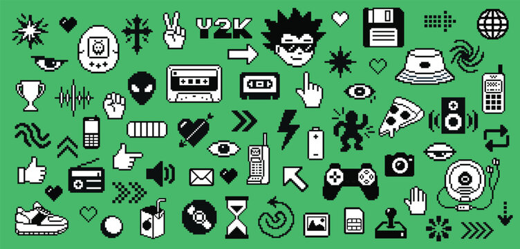 Y2K retro pixel art icon collection with 90s technology for trendy design