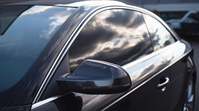Close-up of modern black car side rearview mirror, highlighting the elegant design of the car, glossy surface and modern style of the vehicle.