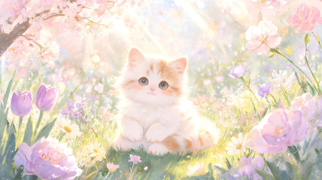 Kitten in Blooming Spring Garden