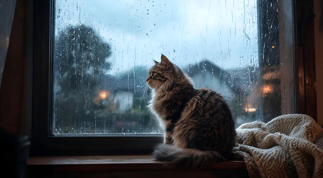 Cat Watching Rain Moody Scene
