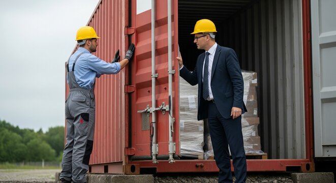 Construction worker and manager inspect cargo inside an open shipping container at a logistics yard