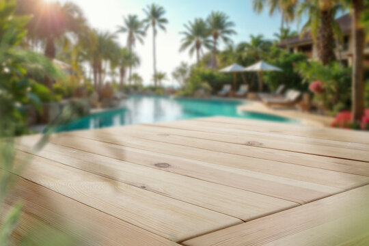 Empty table with clean copy space for product placement set by peaceful garden pond. The background features calm, natural setting with water reflections, greenery and relaxing spa-like atmosphere