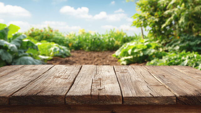 A rustic weathered wooden table sits in the foreground with a lush green garden behind it. Copy space.