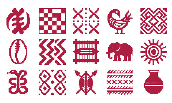 African Adinkra Symbols and Tribal Elements Pixel Art Icon Set