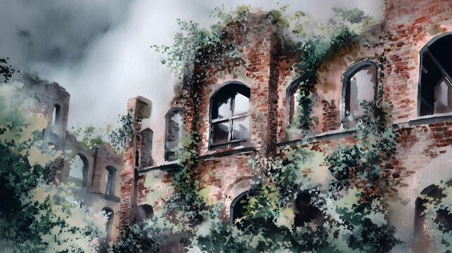Ruined factory overtaken by ivy a melancholic industrial scene of fading brick and shadows