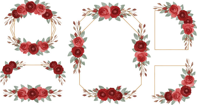 A vibrant set of red and yellow flowers featuring festive roses and holly berries arranged in a decorative holiday frame with green winter leaves and floral branches for a Christmas celebration