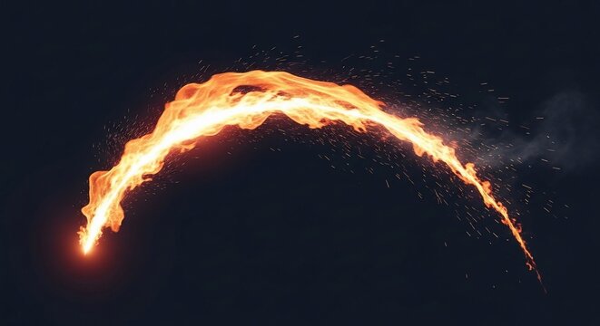 Flaming meteor burning in night sky.