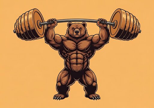 Muscular grizzly bear lifting heavy barbell mascot illustration