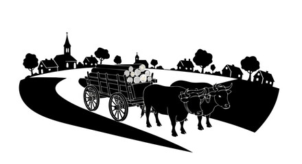 Obraz premium Vector illustration of a group of soldiers and silhouettes of cowboys on horses and camels traveling through a wild desert landscape under a black sunset sky