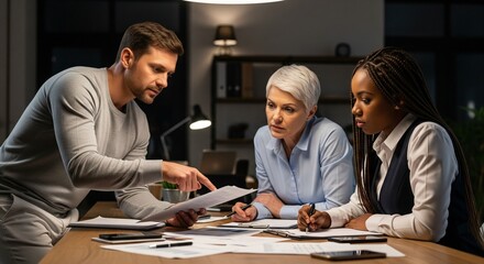Fototapeta premium Diverse team collaborating on documents at a desk in a modern late at night, working together