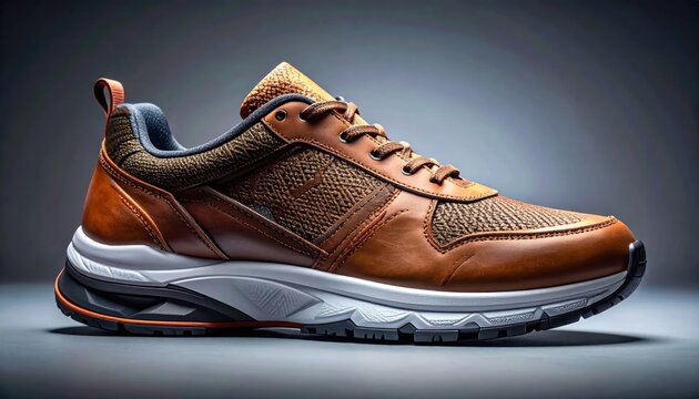Stylish Brown Leather and Mesh Athletic Shoe for Men.