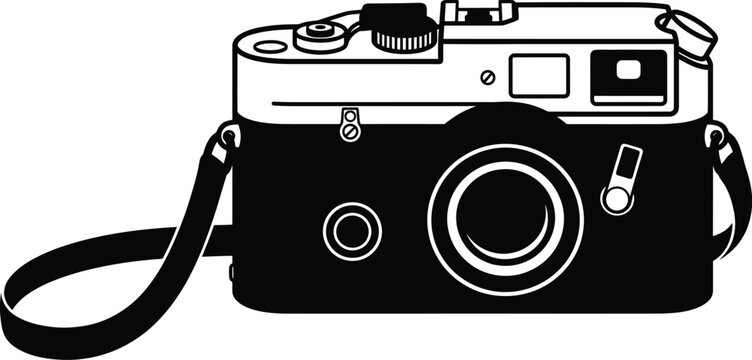 Black and white vector illustration of a vintage 35mm rangefinder camera featuring a detailed lens strap and classic retro body design style