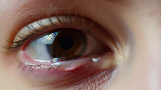 Slow motion close up of human eye forming tear on lower eyelid in studio indoor portrait macro shot