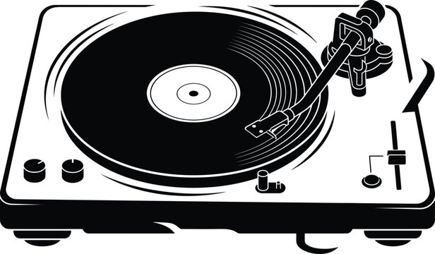A detailed black and white vector illustration of a vintage turntable record player featuring a spinning vinyl disc for professional music design