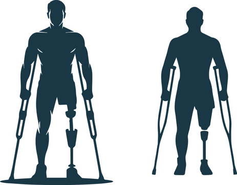 Amputee Man with Leg Prosthesis Using Crutches, Vector Illustration of Rehabilitation and Disability Inclusion