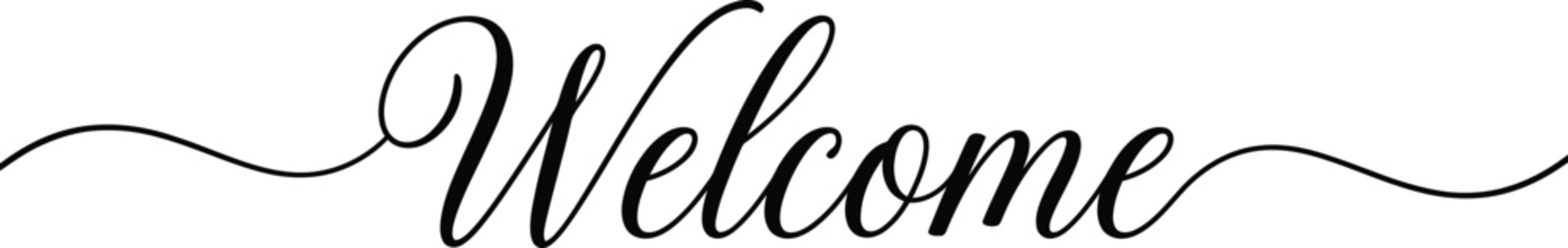 An elegant black vector illustration of the word 'Welcome' written in beautiful, flowing script lettering with decorative swashes at each end.