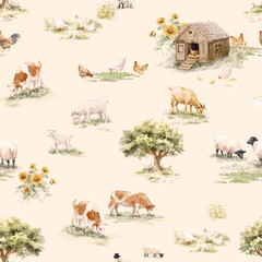 Premium Nursery Farm Animals Seamless Pattern Watercolor Countryside Baby Room Farmhouse Design © Zenina-Lembrik