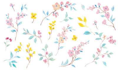 Naklejka premium Watercolor Floral Branches Clipart Set Spring Flowers Leaves Botanical Elements Hand Painted Isolated Design Collection