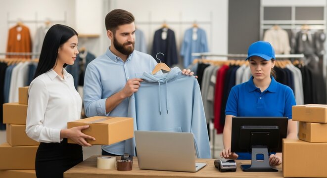 Diverse team of store employees and customers preparing packages for shipping in a modern retail