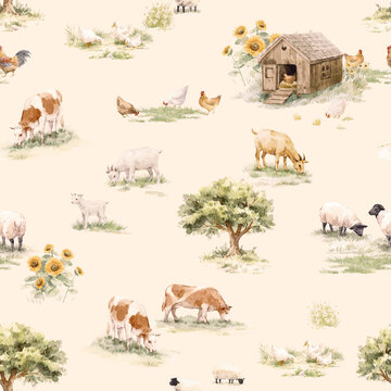 Premium Nursery Farm Animals Seamless Pattern Watercolor Countryside Baby Room Farmhouse Design