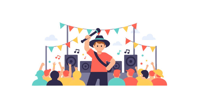 Music festival crowd with singer on stage having fun