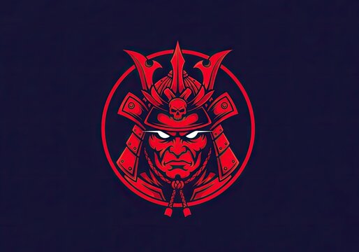 Red samurai warrior mascot logo with kabuto helmet and skull