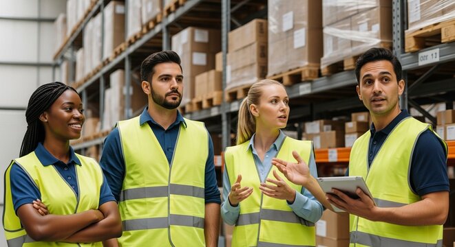 Diverse team of warehouse workers in high-visibility vests collaborating in a modern distribution