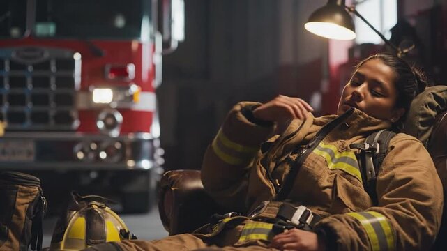 Exhausted young adult Hispanic woman with olive skin sleeps in a fire station, wearing full turnout gear near a fire truck.